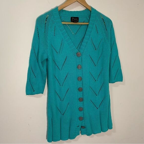 Pure Handknit Teal Blue 3/4 Sleeve Cardigan Sweater Women's M L - Picture 1 of 4